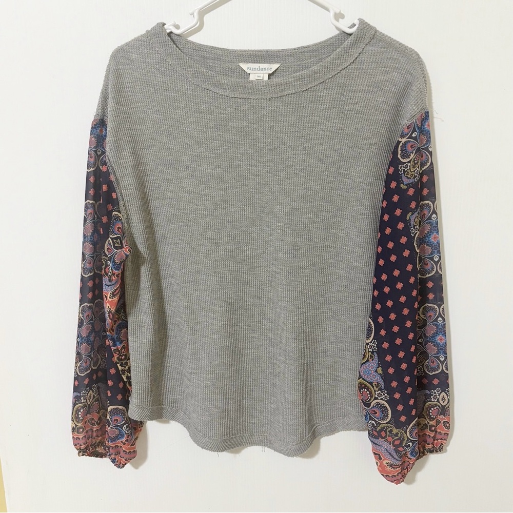 Sundance Size XS Gray Women's Thermal Waffle Knit Sheer Balloon Sleeve Top